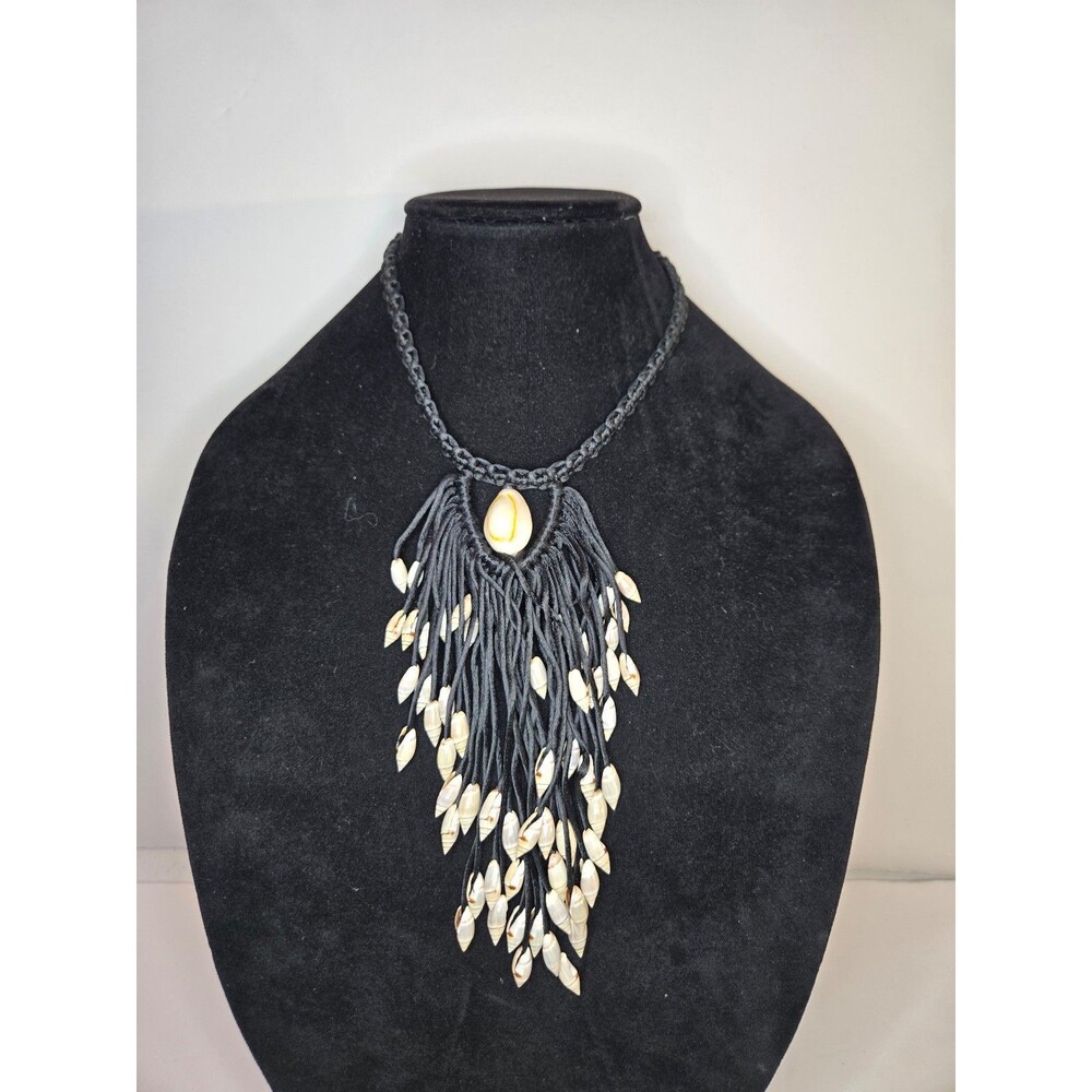 Black Corded Necklace with Tiered Shells and Large Shell Pendant
